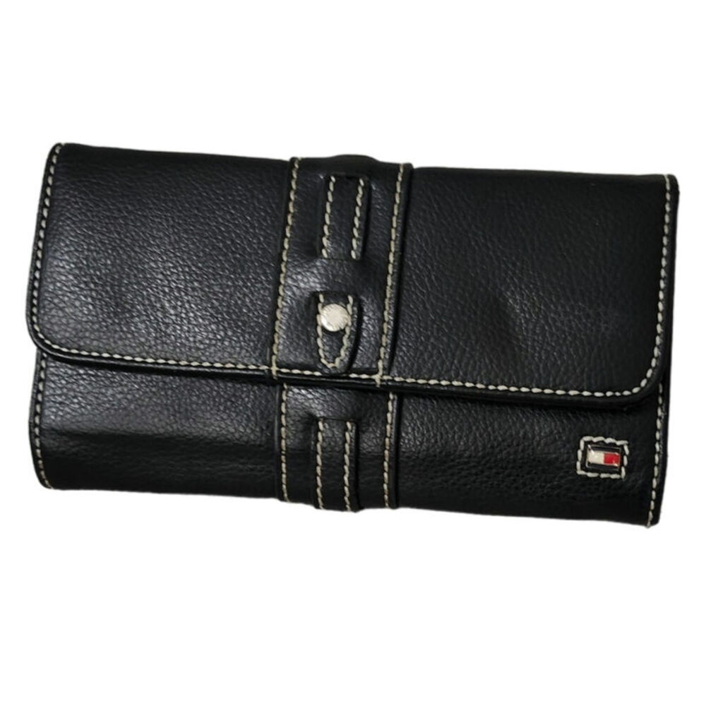 Tommy Hilfiger Black Leather Large Check Book WALLET Retro Trifold